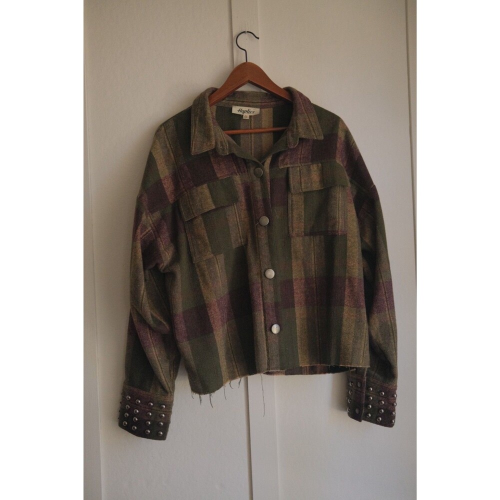 Haptics Already There Plaid Shacket Jacket Studded Cuffs Olive Burgundy  2X